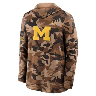 Nike Jordan Mens Michigan Military Appreciation Jordan Brand Dri-FIT College Long-Sleeve Hooded Top in Brown | 0JB92EAMWN-954
