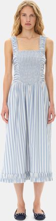 Ganni Blue Stripe Cotton Midi Strap Smock Dress in Egret Size 14 Womens