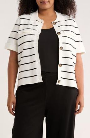 T Tahari Short Sleeve Button Front Cardigan in Snow Globe/Black Stripe at Nordstrom Rack, Size 1X
