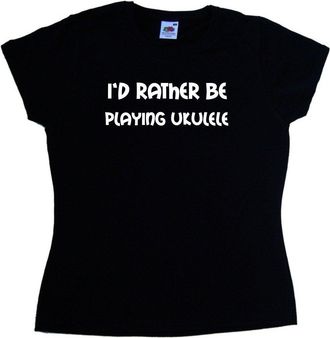 Tee Tree Designs Id Rather Be Playing Ukulele Black Ladies T-Shirt (White Print)-Size 14