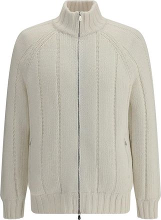Brunello Cucinelli Cardigan a coste in cashmere con zip - Bianco