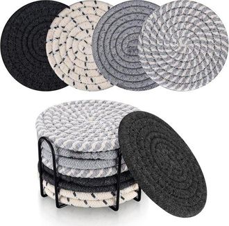 No Brand Posavasos Con Soporte - Juego De 8 - Juego De Posavasos - Posavasos Redondos - Posavasos De Mesa Trenzados Antideslizantes - Resistentes Al Calor - Po
