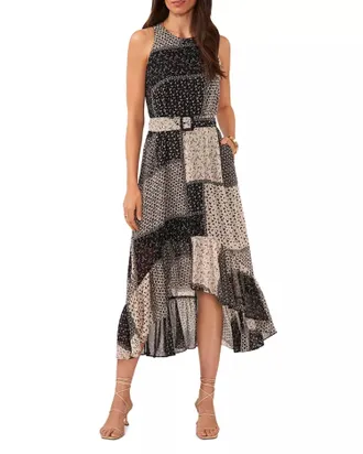 1.State Womens Sleeveless Printed Belted High-Low Dress Black