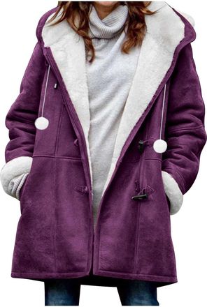Generic Winter Jackets for Women Ladies Jacket Horn Button Warm Duffle Coats Long Sleeve Hooded Overcoat Thickened Hoodies Outerwear with Pockets Womens Duffl