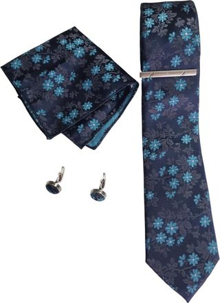 Generic Blue Flower Ties for Men Perfect 5pc with Stylish Necktie, Pocket Square, Cufflinks, Tie Pin Complete Tie Accessory Kit Boxed Gift