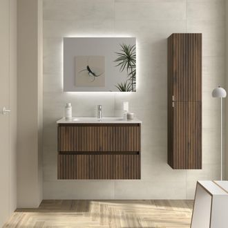 Cygnus Bath Mueble De Ba&ntilde;o Kira 80cm Nogal 2 Cajones Lavabo 1 Poza Porcelana