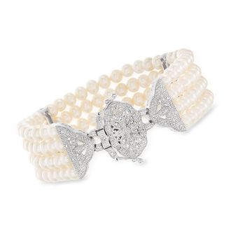 Ross-Simons 4.5-5mm Cultured Pearl and. Diamond Multi-Strand Bracelet in Sterling Silver