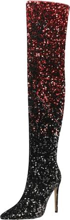 Generic Womens Sequin Stretch Over The Knee Boots Pointed Toe Zipper Long Booties Fashion Spring Style