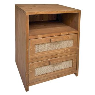 NATYAL Mesita de noche de madera maciza y rafia natural 2 cajones roble 40cm
