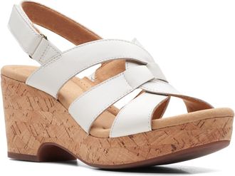 Clarks Womens Giselle Beach Wedge Sandal, White Leather, 9.5 Wide