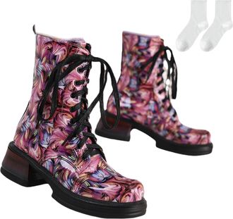 Generic Womens Colorful Lace-Up Ankle Boots, 5.5Cm Block Heel Riding Boots, Fashionable Mid-Calf Boots with Abstract Pattern, Comfortable Winter Boots for Eve