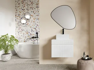 Vente-Unique Mobile per bagno sospeso scanalato e lavabo quadrato da appoggio 60 cm Bianco - SATARA