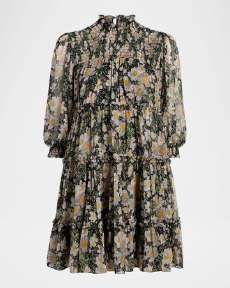 Cinq &agrave; Sept Olive Smocked Cosmo-Flower Mini Dress