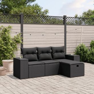 vidaXL Juego De Sof&aacute;s Jard&iacute;n 4 Pzas Con Cojines Rat&aacute;n Sint&eacute;tico Negro Vidaxl