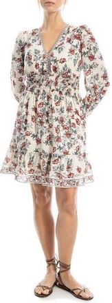Max Studio Long Sleeve Smocked Georgette Minidress in Pink/Red Passion Blooms at Nordstrom Rack, Size X-Small