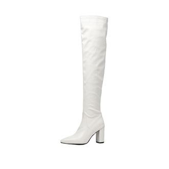Generic Womens Block High Heel Over The Knee Boots Pointed Toe Slouch Long Boots PU Leather Thigh High Boot with Zipper,White,5.5 UK