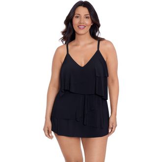 Trimshaper Emilia Asymmetrical Tiered Swimdress in Black at Nordstrom, Size 14
