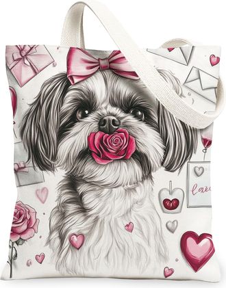 Generic Valentines Day Shih Tzu Dog Canvas Tote Bag for Shopping 13x15, Fun Vintage Puppy Reusable Grocery Print Pattern Bag for Women, Lover Beach Aesthetic 