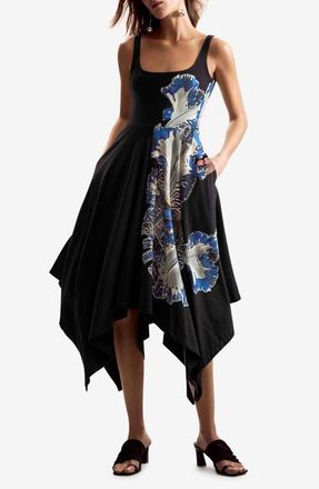 Desigual Placement Print Handkerchief Hem Stretch Cotton Dress in Black at Nordstrom, Size X-Large