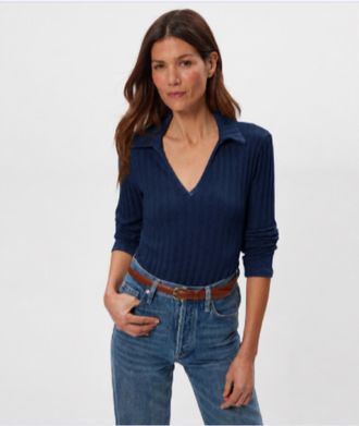 Michael Stars Liyah London Rib Long Sleeve Collared Tee In Nocturnal