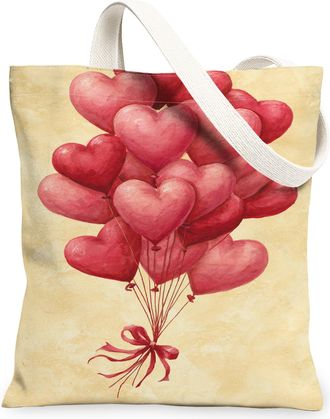 Generic ValentineS Day Heart Balloon Canvas Tote Bags, Love Theme Lightweight Washable Shoulder Strap Grocery Bags for Shopping, B, Red, 13x15 Inch