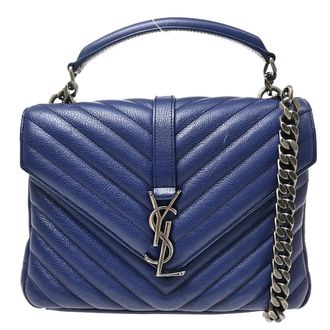 Saint Laurent Classic Monogram College Matelasse Chevron Leather Blue Leather Handbag (Pre-Owned)