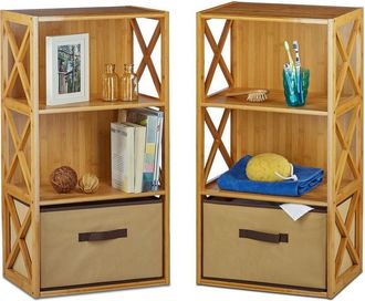 Relaxdays Relaxdays - Bamboo Shelf with Basket, 4 Tiers, Wooden Freestanding Bathroom Rack, Folding Drawer Box, HxWxD: 105 x 42 x 29 cm, Natural Brown