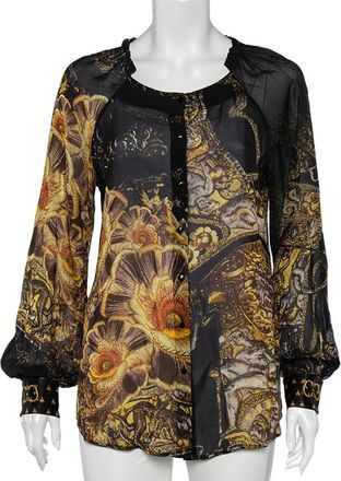 Roberto Cavalli Black Printed Silk Ruffled Neck Button Front Top