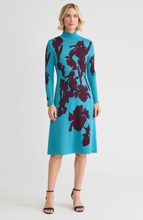 Ming Wang A-Line Floral Jacquard Soft Knit Midi Dress in Nebula/midnight Violet/black at Nordstrom, Size Xx-Small