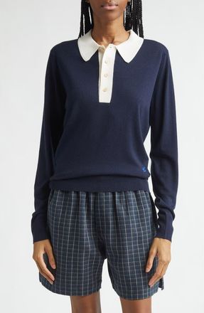 Wales Bonner x John Smedley Two-Tone Long Sleeve Merino Wool Polo Sweater in Navy /Ivory at Nordstrom, Size Xx-Small