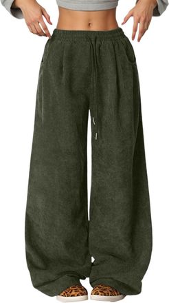 Generic Wide Leg Trousers for Women UK Drawstring Elastic Waist Pants Barrel Leg High Waist Corduroy Trousers with Pockets Ladies Elegant Loose Lounge Palazzo