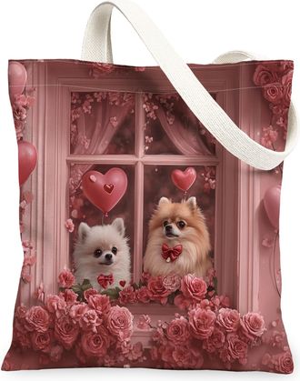Generic Valentines Day Rough Collie Dog Canvas Tote Bag for Shopping 13x15, Window Couple Puppy Reusable Grocery Print Bag for Women, Pet Beach Aesthetic Pain