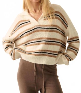 Promesa First In Line Striped Split-Neck Collared Sweater In Beige Stripe