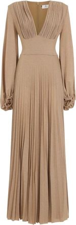 Elisabetta Franchi Red Carpet Lurex Jersey Jurk - Dames - Avondkleed - Beige - S - Leer - Kleedjes