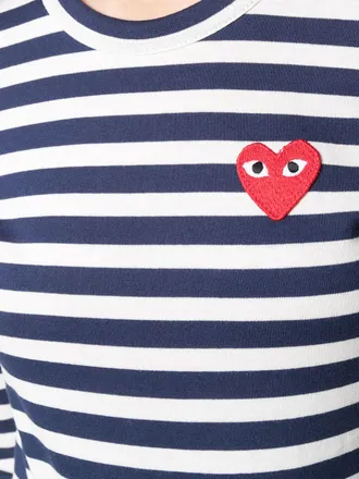 Comme Des Gar&ccedil;ons Striped Cotton with Heart Logo Patch T-Shirt - Navy