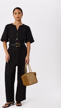 Whistles Fiona Linen Button Jumpsuit in Black at Nordstrom, Size 10