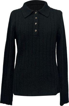 Khaite Hans Ribbed-Knit Polo Sweater in Black Cashmere