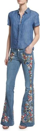 Generic Womens Embroidered Jeans Plus Size Wide Leg Bell Bottom Denim Pants for Women UK Button Waist Butt Lifting Bootcut Ladies Vintage Washed Flare Jeans C