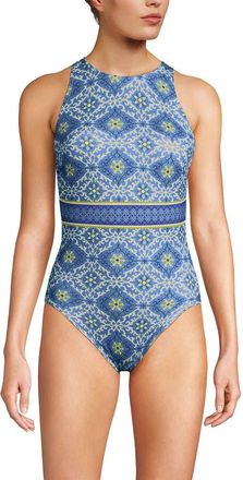 Lands End Tugless High Neck Portrait Back One Piece Swimsuit in Lake Blue/egret Geo Floral at Nordstrom, Size 16