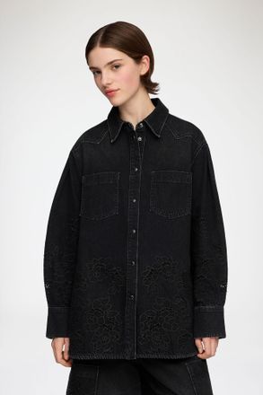 Ganni Black Shirt in Denim Broderie Anglaise - Size 32 Organic Cotton