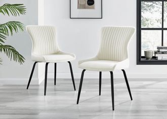 Furniturebox Set of 2 Nora Deep Padded Luxurious Dining Chairs Upholstered In Soft Velvet With Black Legs in Cream
