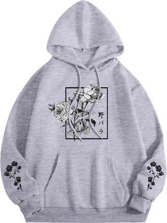 Generic Rose Floral Graphic Hoodie for Men Aesthetic Japanese Cool Hoodies Oversized Trendy Streetwear Pullover Sweatshirt