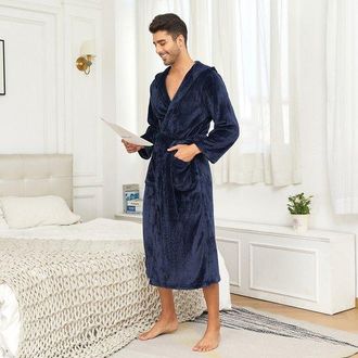 OEM Bata De Franela Para Hombre Con Cuello Tipo Chal De Felpa - Azul Marino - Talla L