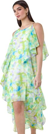 Ariella Womens Abstract Chiffon Ruffle Detail Midi Dress - Green - Size 12 UK