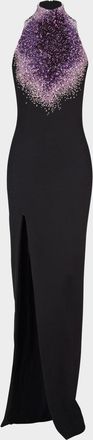 Balmain Sleeveless Amethyst Embroidered Milano Jersey Slit Gown