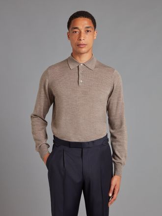 Oliver Brown Fine Merino Long Sleeve Polo Shirt - Mushroom