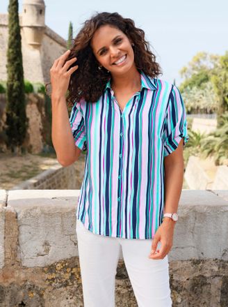 Casual Looks Schlupfbluse CASUAL LOOKS, Damen, Gr. 36, smaragd, ros&eacute;, gestreift, 100% Viskose, gemustert, gestreift, mehrfarbig, V-Ausschnitt, Blusen Schlupfbluse