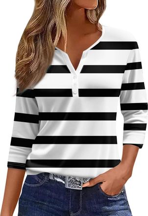 Generic HUIFUAO T Shirts for Women V Neck 3/4 Sleeve T Shirts for Women Striped Color Block T Shirts for Women Loose Fit Summer Basic Tops (Z01 Black, L)