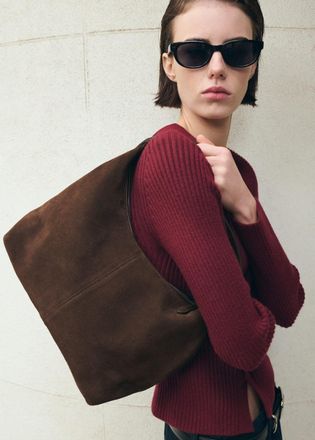 Mango Borsa spalla crosta di cuoio impuntura marrone - Donna - Taglia unica - MANGO