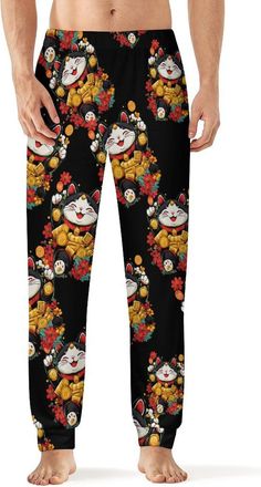 Generic Lucky Funny Cat Mens Pyjama Bottoms Lounge Sleep Pants Soft Stretchy Sleepwear Casual Yoga Beachwear 3XL